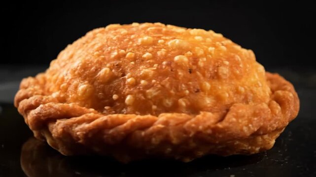 Close-up of a traditional golden fried pastry, such as gujiya or karanji, featuring a crispy, textured surface and a braided edge against a dark background