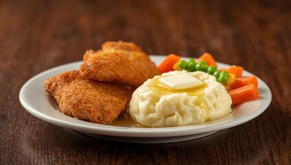 Kids' meal. Plate of mashed potatoes, chicken cutlets, and veggies on a dark wood table. Close-up