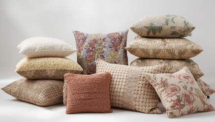 Piled fabric cushions on a light backdrop