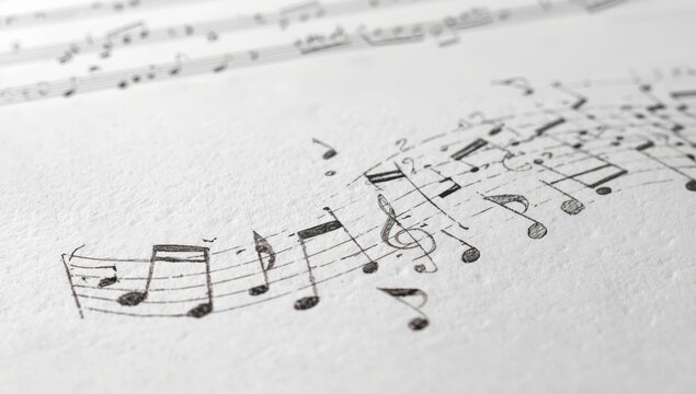 Pencil-drawn musical notes on white paper