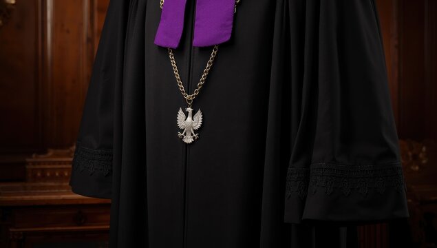 Polish judge's robe featuring a purple jabot, adorned with a chain and a silver eagle