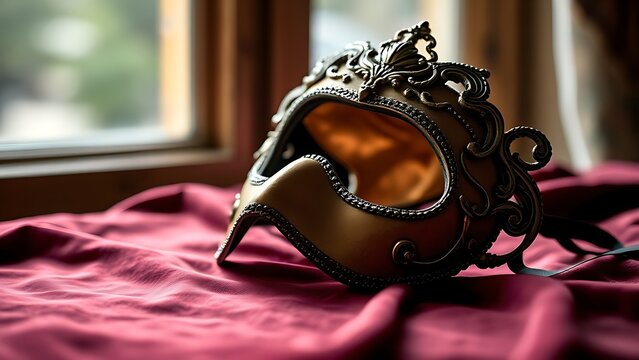 amrit. Ornate Venetian mask resting on dark velvet fabric, soft light highlighting its decorative details. event programs, museum guides, designed for cultural heritage projects and event programs.