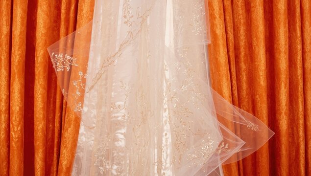 Vivid orange drapes featuring a valance and decorative white sheer fabric