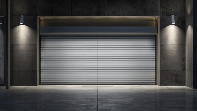 Automated metal garage door. White rolling shutter gate as backdrop