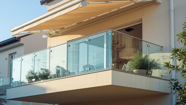 Balcony panels of tempered glass railing beneath awning