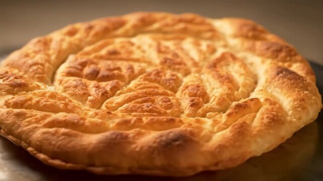 Close-up of golden brown, freshly baked turkish pide bread or traditional flatbread with detailed patterns and crust texture.