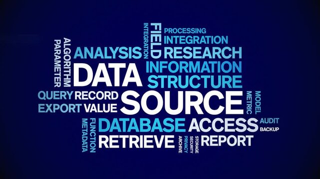 Data Source animated word cloud-text design animation tag kinetic typography seamless loop.