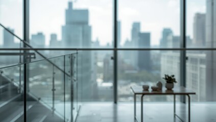 Blurred image of contemporary glass railing interior