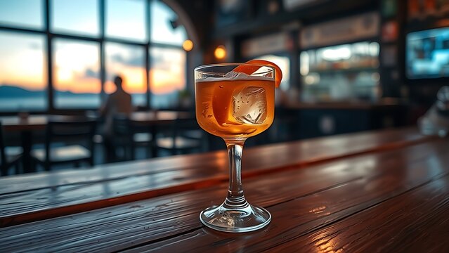 amaro. Glass of amaro on ice with orange peel on a worn wooden bar counter. bar promotions, beverage menus, designed for food & beverage menus and cafe branding, used by interior designers.