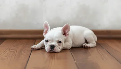 Fototapete Französische Bulldogge Cañete, Lima\nJanuary 28, 2024\nimage of a white French bulldog puppy with black ear and nose spots, resting on a brown floor against a smoky white backdrop  © LimeSky