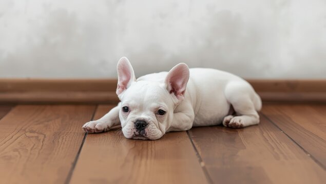 Ca&ntilde;ete, Lima\nJanuary 28, 2024\nimage of a white French bulldog puppy with black ear and nose spots, resting on a brown floor against a smoky white backdrop