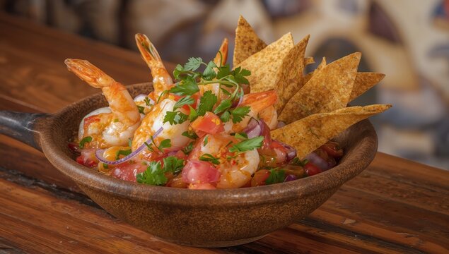 Ceviche de camarones con pl&aacute;tano frito en Guayaquil, Ecuador