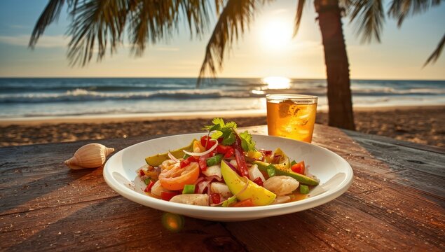 Ceviche dish from Peru on a beachside table