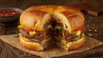 Cheeseburger halves encased in pizza dough