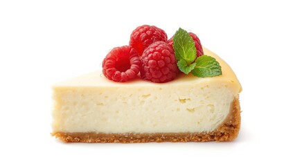 Cheesecake topped with raspberries and mint on a white background