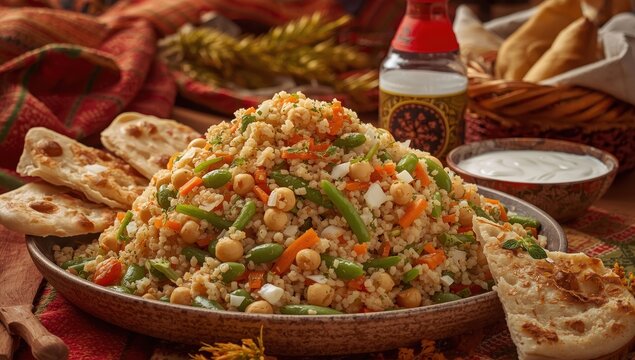 Chickpea couscous salad with beans, carrots, peas, flatbread, and yogurt