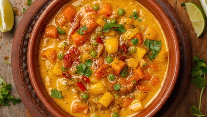 Fototapeta premium Close-up of a bowl of coconut milk vegetable curry on a table, viewed from above