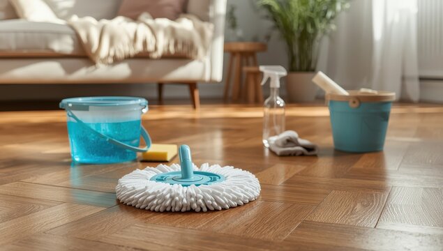 Cleaning idea. Cleaning supplies and spin mop on a wooden or laminate floor