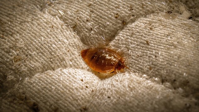 Close-up image of bed bugs in a mattress seam