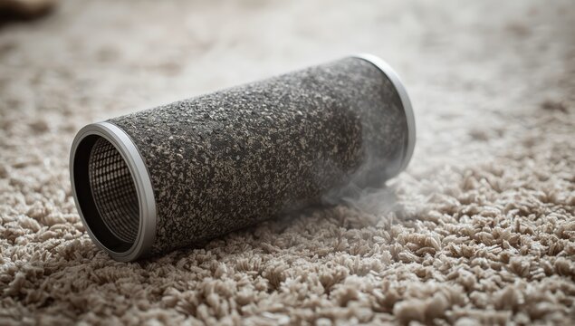 Close-up of a dusty cylindrical air purifier filter on carpet, prior to replacement