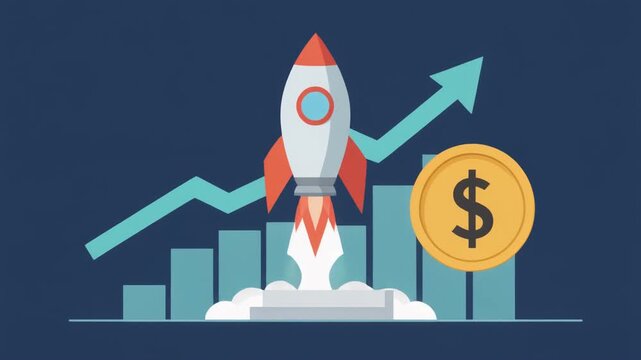 Rocket ship launching with growing graph and dollar coin