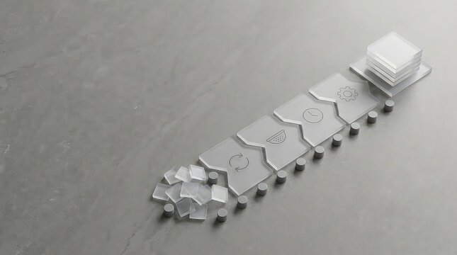 Workflow process efficiency background with acrylic step tiles for sustainable resource reduction operations, minimal business banner with copy space on gray stone tabletop