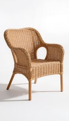 Fototapeta premium Natural rattan wicker armchair isolated on white background, handcrafted furniture with woven design and rustic style.