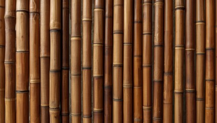 Naklejka premium Natural bamboo wood texture with brown patterns. Close-up of bamboo trunks, vintage seamless wall fence background. Vertical wooden surface for Asian-style decoration from Thailand and Japan