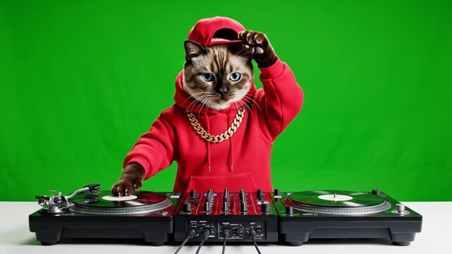 DJ Cat in Red Hoodie Scratching Vinyl Records on Green Screen