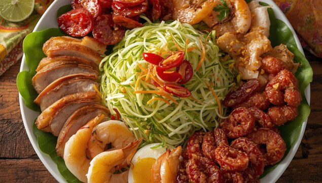 Vibrant Thai papaya salad served with salted egg, fermented crab, crispy pork, shrimp, and Vietnamese sausage. Perfect for food blogs, Thai menus, or Southeast Asian cuisine imagery