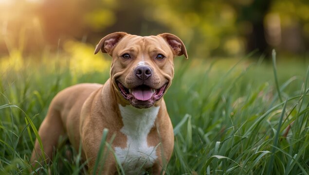 Profile view of a tan pit bull with an attractive eye and a smooth backdrop in the off-leash dog area at Marymoor Park, Redmond, Washington