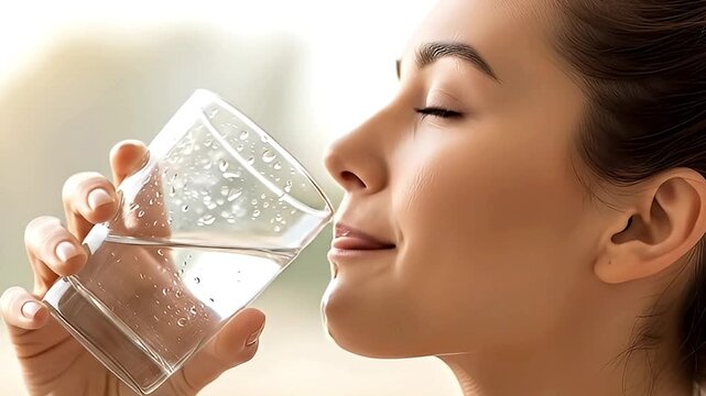A refreshing close-up captures a young adult female enjoying a cool glass of pure water. She takes a satisfying sip, with glistening droplets visible on the glass and a natural drip emphasizing hydrat