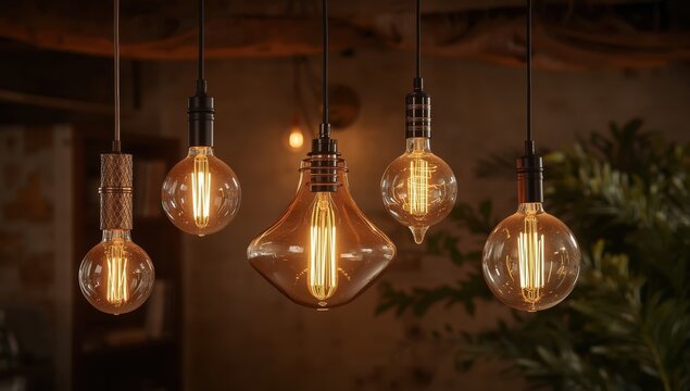 Four illuminated ceiling lamps of various sizes and shapes share a cohesive design, casting a warm and welcoming glow