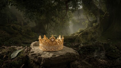 Naklejka premium Enigmatic and enchanted image of a golden crown among stones in a forest. Medieval theme