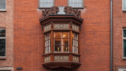 Obraz premium Diverse historic exterior in Cologne with red bricks, a timbered bay window, and an elaborate baroque gable. Distinctive city feature