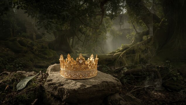 Enigmatic and enchanted image of a golden crown among stones in a forest. Medieval theme