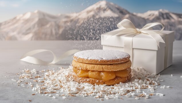 Andean "alpajarto" or "snow" alfajor, featuring wheat flour cookies filled with manjar blanco and dusted with powdered sugar to mimic the Andes' snow