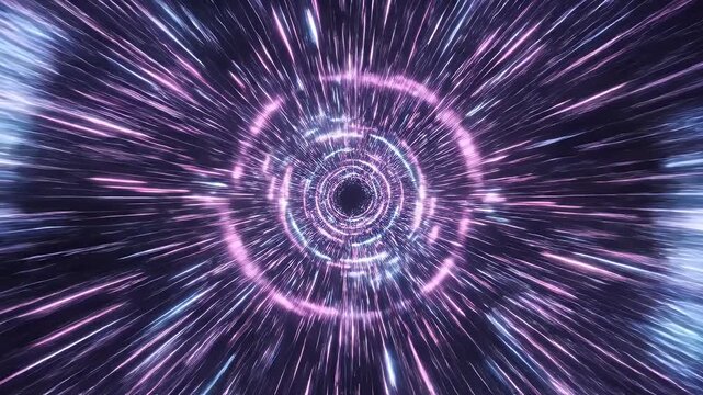 Abstract swirling light tunnel of purple and blue streaks against dark background