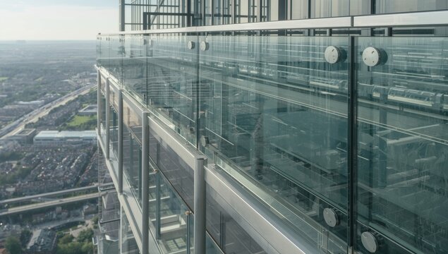 Five-layer laminated glass railing with stainless steel mounts on aluminum frame at viewing deck