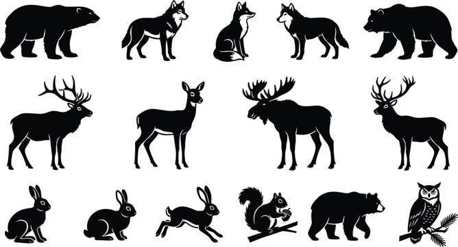 Black silhouette collection of wild animals including bear wolf fox deer moose rabbit squirrel and owl isolated on white background for nature wildlife design