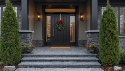 Fototapeta premium One black glass door flanked by two glass panels. Grey flower pots and cedar trees line the granite steps. A Christmas wreath adorns the contemporary door, accompanied by two elegant light fixtures
