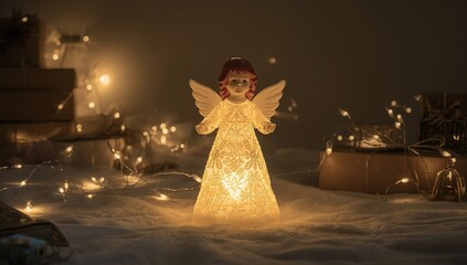 Naklejka premium Angel nightlight on a dark white backdrop. Children's room lamp shaped like an angel. Small white guardian angel