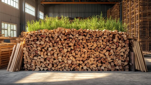 Wood scraps and offcuts stored in a warehouse for future use, highlighting recycling, sustainability, and waste reduction