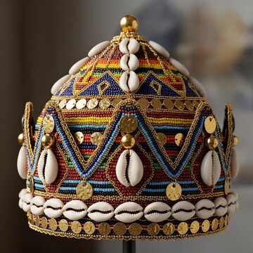 A crown made of woven beads and cowrie shells with gold accents