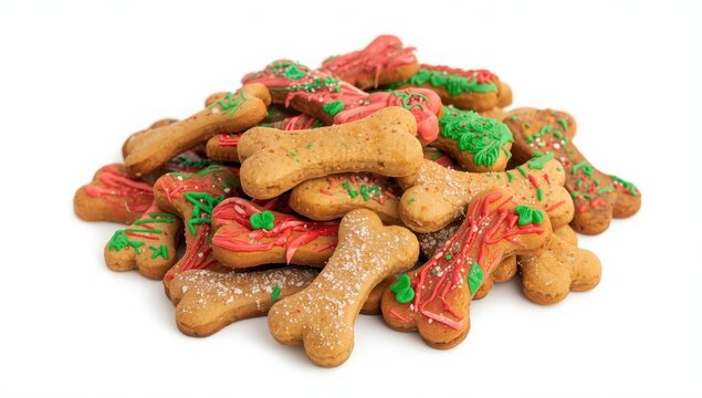 Collection of dog snacks, bone-shaped treats on plain white backdrop