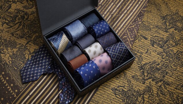 Container featuring various fashionable ties as a backdrop