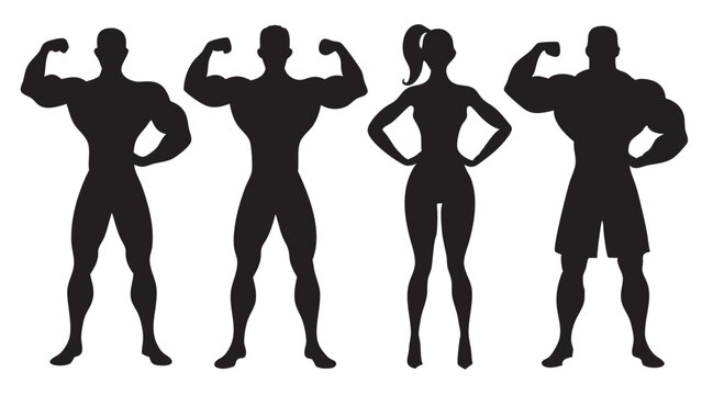  bodybuilder men and woman silhouette silhouettes set 
