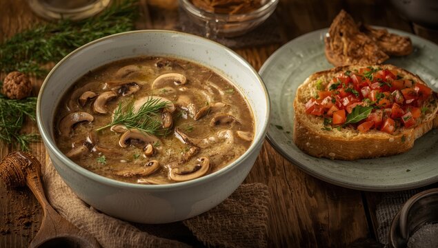 Creamy mushroom soup with dill and bruschetta, eringi mushrooms