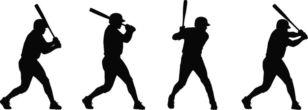Baseball player silhouettes in sequential batting stances, swinging motion with bat for sports training vector illustration and design projects