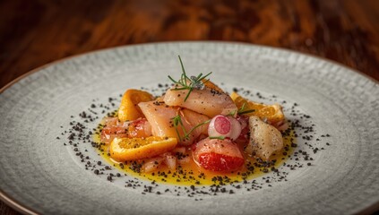 Ceviche is elegantly displayed on a round ceramic dish with orange slices, radish, and fresh chives, highlighted by black peppercorns against a dark, blurred background